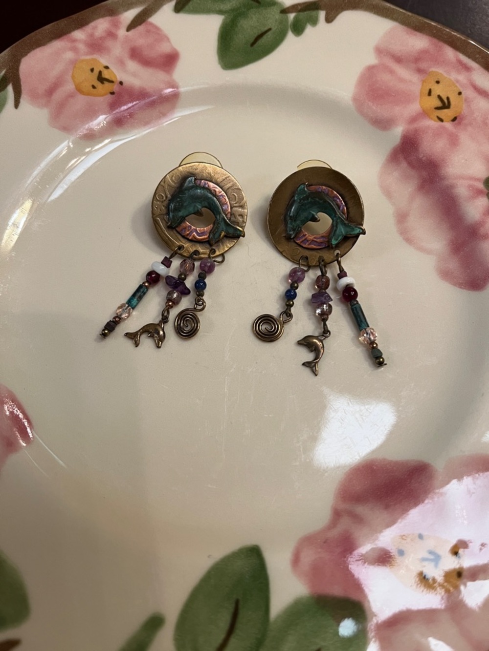 Artisan vintage 1990 Dolphin Drop Earrings - Teal & Purple Beads